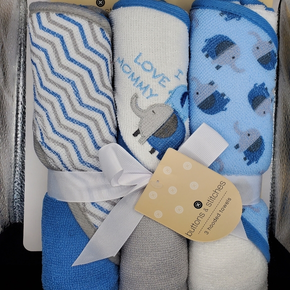 BUTTONS & STITCHES 3 Pack Elephant Hooded Towels for Baby Boys. Gift Set - Picture 2 of 3